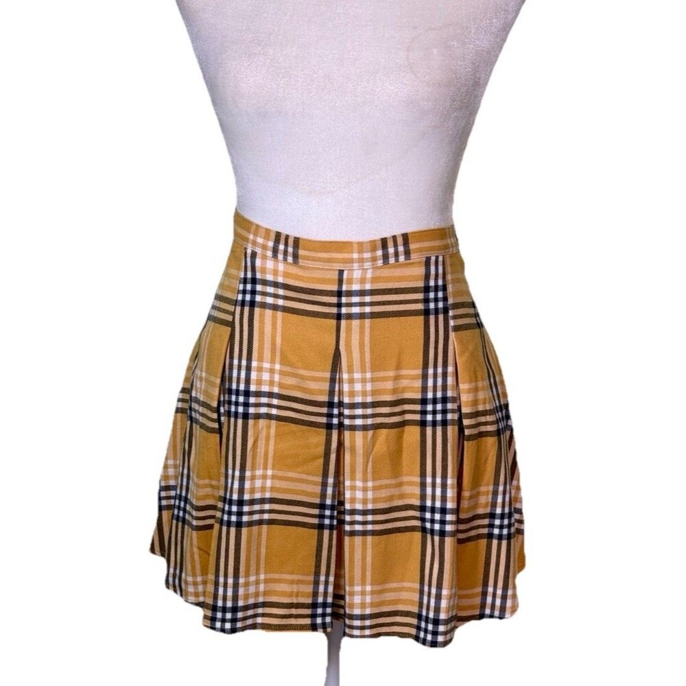 NEW Juniors Mustard Yellow Plaid Pleated Skater Skirt High Waisted Schoolgirl 13
